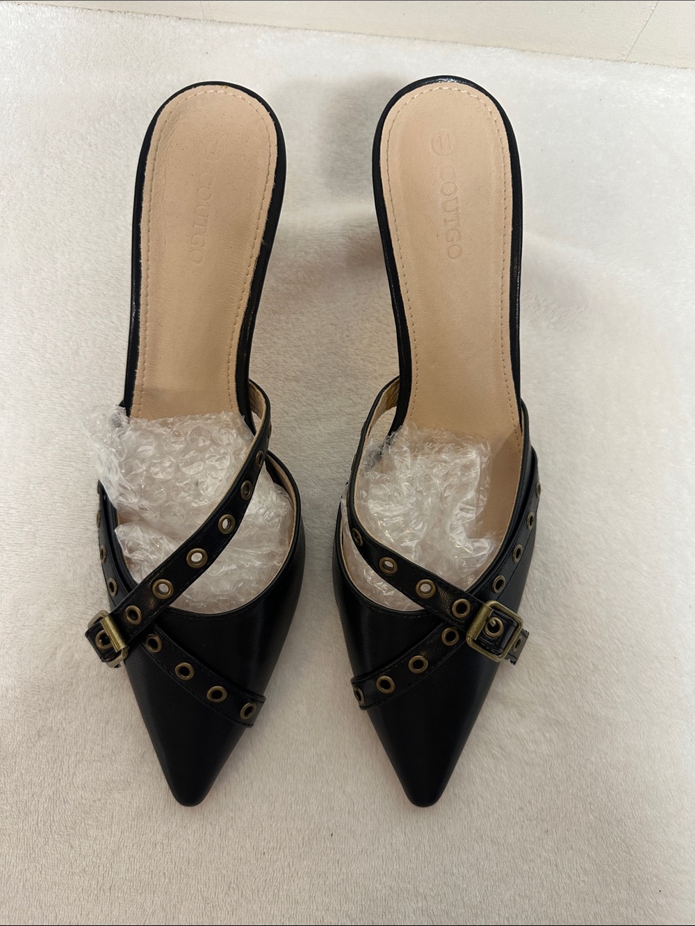 POINTIGO Black Pointed Mule Heels with Buckle Strap Detail